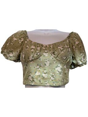 Hollister Women's Smocked Back Crop Top Puff Sleeve Size XS Sage Green Floral
